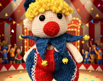 7” Handmade Crochet Clown Doll – Colorful Amigurumi Circus Toy with Bells