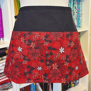 Red Floral Waitress Server Waist Apron with 3 Pockets and inside key latch