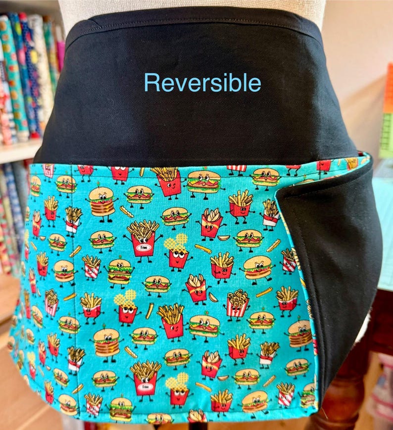Reversible Burgers and Fries Waitress Server Waist Apron with 3 Pockets image 1