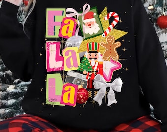 PNG navideño retro Fa La La, collage a cuadros (descarga digital)