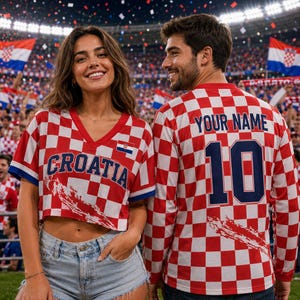 May include: A red and white chequered V-neck crop top with the word CROATIA printed on the front and a long-sleeve shirt with the text YOUR NAME and the number 10 on the back, both featuring a red and white chequered pattern throughout.