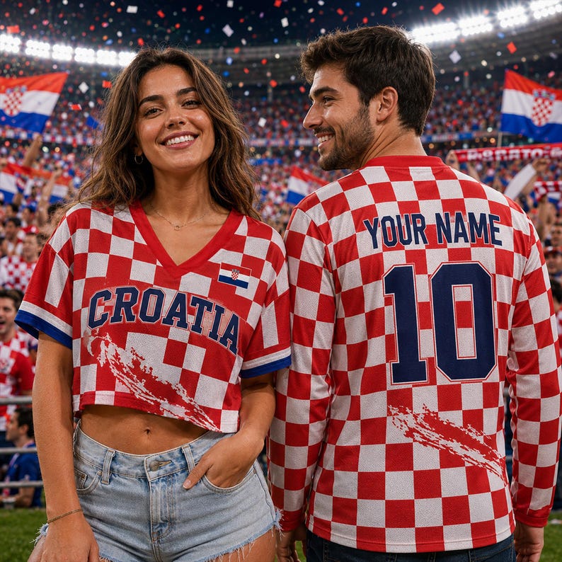 May include: A red and white chequered V-neck crop top with the word CROATIA printed on the front and a long-sleeve shirt with the text YOUR NAME and the number 10 on the back, both featuring a red and white chequered pattern throughout.