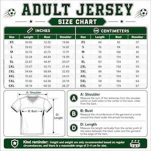 May include: An adult jersey size chart featuring a table with measurements in inches and centimetres for sizes XS through 6XL. The graphic includes a diagram of a v-neck t-shirt with labelled points for shoulder, bust, and length measurements.