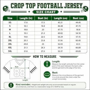 May include: A size chart for a crop top football jersey with green text and borders. It includes a table listing sizes XS through 5XL with length and bust measurements in inches and centimetres, plus a diagram showing how to measure the garment.