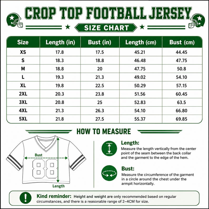 May include: A size chart for a crop top football jersey with green text and borders. It includes a table listing sizes XS through 5XL with length and bust measurements in inches and centimetres, plus a diagram showing how to measure the garment.