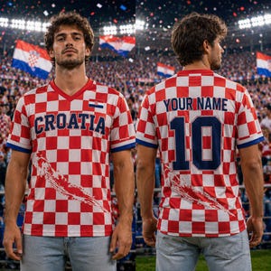 May include: A red and white chequered football shirt featuring the word CROATIA in dark blue lettering on the front and the text YOUR NAME with the number 10 in dark blue on the back. The shirt includes a small Croatian flag emblem on the chest.