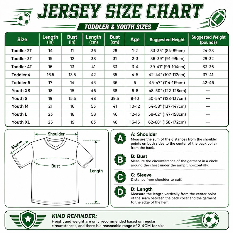 May include: A green and white jersey size chart for toddler and youth sizes. The chart includes columns for size, length, and bust in inches and centimetres, age, height, and weight. A diagram shows how to measure shoulder, bust, sleeve, and length.