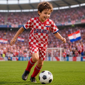 May include: A football kit comprising a red and white chequered shirt and shorts, with the word CROATIA printed in blue across the chest. The outfit includes red socks with white and black stripes, paired with black football boots and a football.