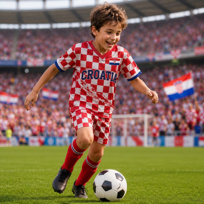 May include: A football kit comprising a red and white chequered shirt and shorts, with the word CROATIA printed in blue across the chest. The outfit includes red socks with white and black stripes, paired with black football boots and a football.