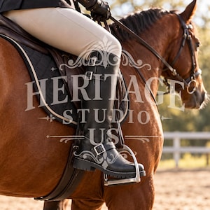 May include: A black leather riding boot with two silver-toned buckles on the side and a lugged sole, worn by a rider on a brown horse. The boot is positioned in a metal stirrup. The image features the text HERITAGE STUDIO US overlaid in white.