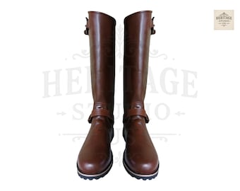 Men's Brown Leather Horse Riding Boots | Handmade Tall Equestrian Long Cowhide Boots with Leather Sole | English Horseback Riding Boots