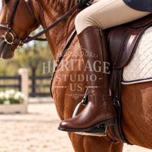 May include: A tall, dark brown leather riding boot with a side zipper, worn while mounted on a horse. The boot features a rounded toe, a low heel, and a smooth finish. A watermark with the text HERITAGE STUDIO US is overlaid on the image.
