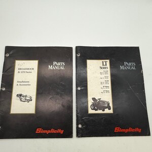 May include: Two black Simplicity parts manuals. The left manual is for Broadmoor & LTH Series Attachments & Accessories. The right manual is for the LT Series, listing various model numbers and mower sizes. Both feature white text and graphics.