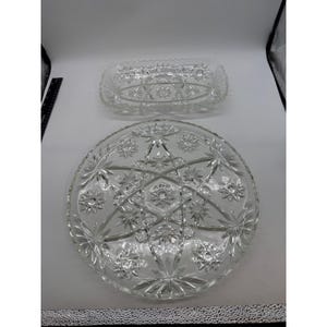 Vintage Clear Pressed Glass Starburst Serving Platter and Rectangular Dish Set