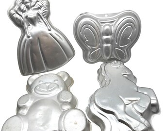 Lote de moldes para pasteles Wilton vintage: Princesa, Pony, Mariposa, Oso de peluche (Aluminio)