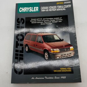 May include: A Chilton's Chrysler Caravan, Voyager, and Town & Country 1984-95 repair manual. The cover features a maroon minivan, the text (8155) 20300, and notes coverage for U.S. and Canadian models, including wiring and vacuum diagrams.