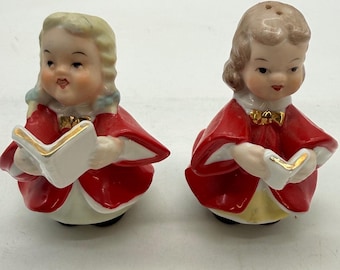 Vintage julkör pojke flicka saltpepparkar Japan rödguld keramik S&P