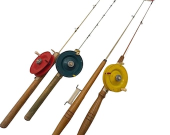 Vtg Schooley Ice Fishing Rods Lot of 4 Wood Handle Fiberglass Poles Reels