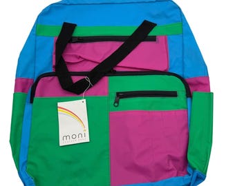 Zaino vintage anni '80 '90 color block in nylon blu neon rosa verde nuovo con etichette kidcore Y2K