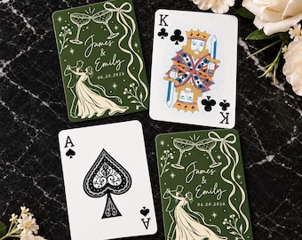 Personalized Sage Green Wedding Playing Cards, Custom Names and Date, Champagne Toast Design, Elegant Bridal Party Gift, Wedding Favor Deck