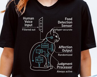 May include: A black short-sleeved t-shirt featuring a white and light blue schematic diagram of a cat. The graphic includes labels for Human Voice Input, Food Detection Sensor, Affection Output, and Judgment Processor with technical lines.