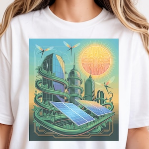 May include: White t-shirt featuring a colorful graphic of a futuristic city powered by solar panels. The design includes skyscrapers, a sun with circuit board details, and green vines. Two dragonfly illustrations are also present.