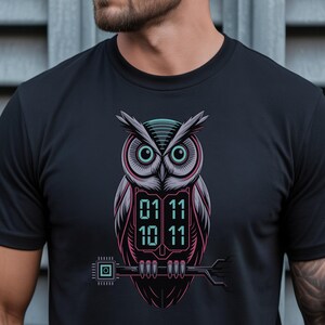 Camiseta de búho cyberpunk, gráfico de código binario, regalo para informáticos, ropa técnica hacker, ropa para ingenieros de software