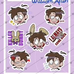 May include: A sheet of stickers featuring cartoon illustrations of William Afton from Five Nights at Freddy's. The stickers include various expressions and phrases like "I ALWAYS COME BACK" and "KILLER BUNNY". The background is light purple with heart shapes.