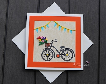 Mother’s Day greeting with flowers and buntings , bicycle card with paper quilling flowers, All Occasions blank card, birthday