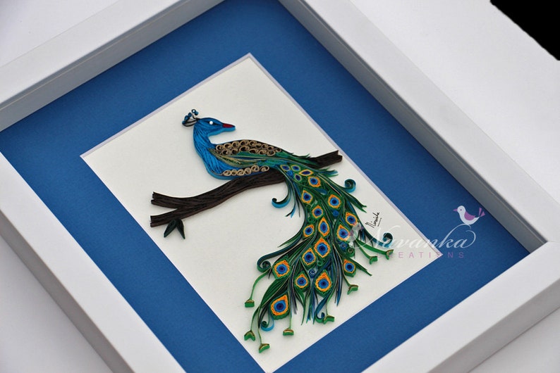 Paper Quilling Peacock Wall Art in a frame, Peacock Wall Decor, Paper Quilled Peacock sitting on a branch, Wall hanging Made to Order