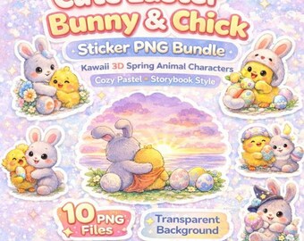 Cute Easter Bunny & Chick Clipart Bundle | Kawaii 3D Spring Animal PNG | Cozy Pastel Storybook Characters | Printable Easter Clip Art