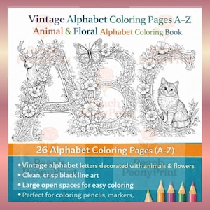 Vintage kleurplaten dierenalfabet – A-Z (digitale download)