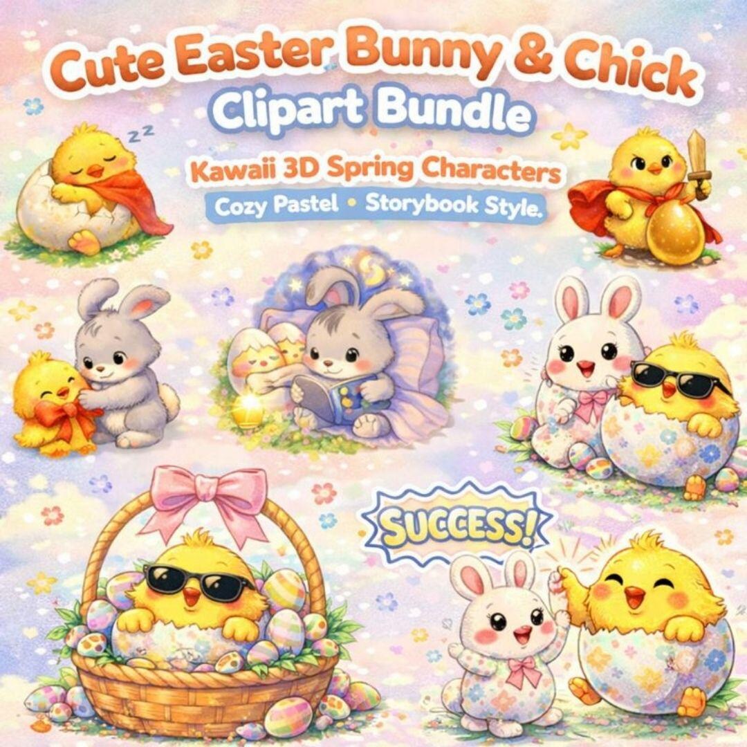 Cute Easter Bunny Chick Clipart Bundle Kawaii Spring Animal Stickers ...