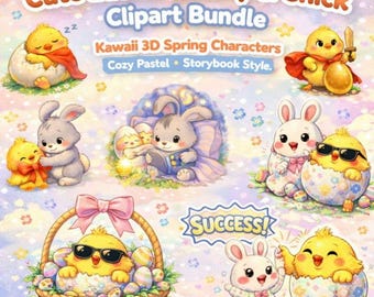 Cute Easter Bunny  Chick Clipart Bundle  Kawaii Spring Animal Stickers PNG  Cozy Pastel Easter Illustrations  Printable Easter