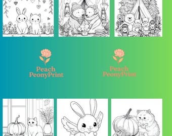 May include: A collection of black and white coloring pages featuring cute animals and outdoor scenes. The images include a bunny and cat, bears camping, and a bunny with wings holding a heart. The Peach PeonyPrint logo is also visible.