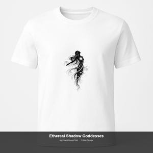 Op de afbeelding: Een wit t-shirt met korte mouwen en een centrale zwarte grafische illustratie van een vloeiende vrouwelijke figuur met lang haar en een gloeiend stervormig punt op de borst. De tekst Ethereal Shadow Goddesses by PeachPeonyPrint T-Shirt Design staat eronder.