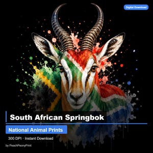 Peut inclure: Une impression numérique d'une tête de springbok aux couleurs du drapeau sud-africain dans un style aquarelle éclaboussée sur fond noir. Le texte inclut "Digital Download", "South African Springbok", "National Animal Prints", "300 DPI" et "Instant Download".