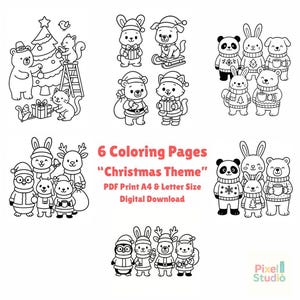 May include: Black and white line art of six Christmas-themed coloring pages featuring various animals, including bears, bunnies, and cats, in festive attire. The text "6 Coloring Pages Christmas Theme" is also included.