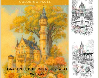 25 Elegant Floral Castle Coloring Pages (JPEG, PDF CYMK)