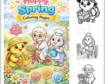 23 Happy Spring Kid Coloring Pages, Digital Download