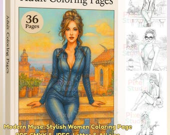 36 Page Stylish Women Coloring Book: Modern Muse (PDF JPEG)