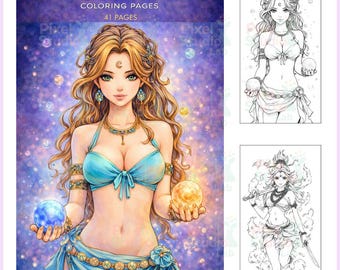 41 Swords and Starlight Woman Coloring Pages, Digital Download