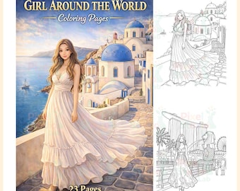 23 Girl Around The World Adult Coloring Page, Digital Download