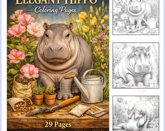 29 Elegant Hippo Adult Coloring Page, Digital Download