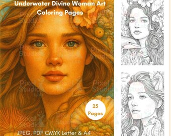 25 Underwater Goddess Coloring Pages, Fantasy Woman Art (JPEG, PDF CMYK)