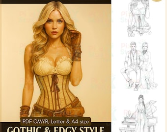 115 Gothic Fashion Coloring Book: Dark Elegance for Adults (Printable PDF CMYK and JPEG)