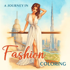 Puede incluir: Ilustración de una mujer con un vestido blanco con una abertura alta, de pie en un balcón con vistas a un paisaje urbano. El texto "A Journey In Fashion Coloring" se muestra en la imagen.