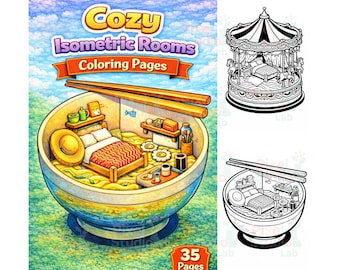 35 Cozy Isometric Room Kid and Adult Coloring Page, Digital Download