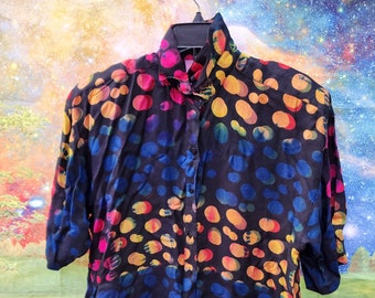 Vintage Womens D.D. Designs Blouse Shirt size Medium Button Front short sleeve dots retro