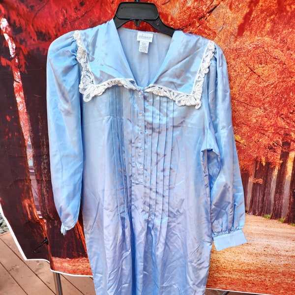 Vintage Womens  pajamas pjs blue satin lace trim  Adonna  Size small Nightgown